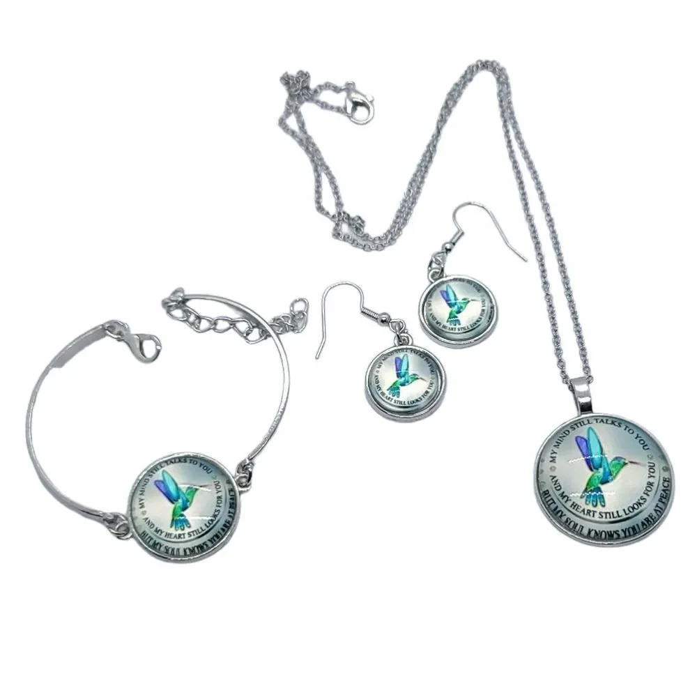 Hummingbird Memorial Jewelry Set Necklace Bracelet Earrings Sympathy Gift